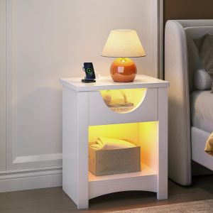 Bestier Bedside Table with LED Light & USB Port & TypeC
